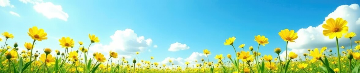Yellow flowers stretching towards the clear blue sky, uplifting, landscape