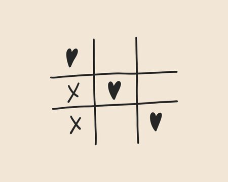 Line art Valentine love tic tac toe game. Coquette whimsical heart doodle X-O children game. Noughts and win. Vector outline illustration