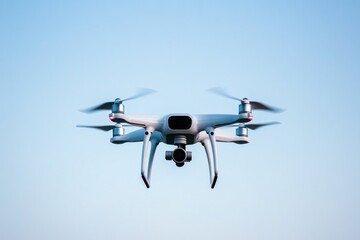 sleek drone hovers mid-air against clear blue sky capturing expansive views below and leaving ample copy space around