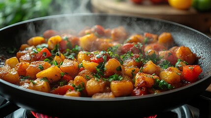 Colorful vegetables steam while cooking in a frying pan on a modern stove, filling the kitchen with aromas for a healthy meal.