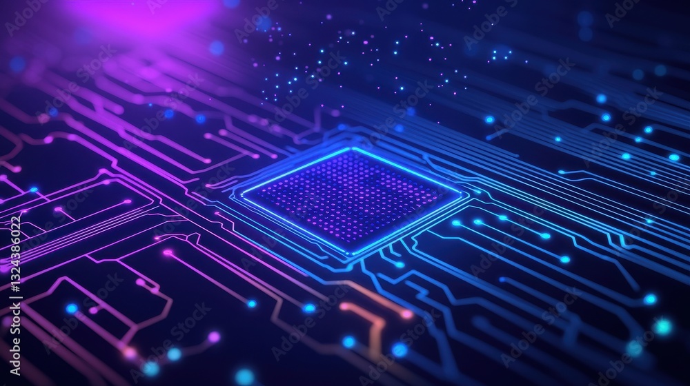 Poster a vibrant, abstract depiction of a microchip surrounded by glowing circuits, representing advanced t
