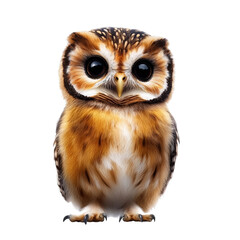 Naklejka premium Majestic owl with big expressive eyes perched on a branch surrounded by lush green foliage in natural habitat isolated on a white background.