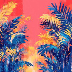 Obraz premium Vibrant tropical foliage with bold colors and sunset inspired background