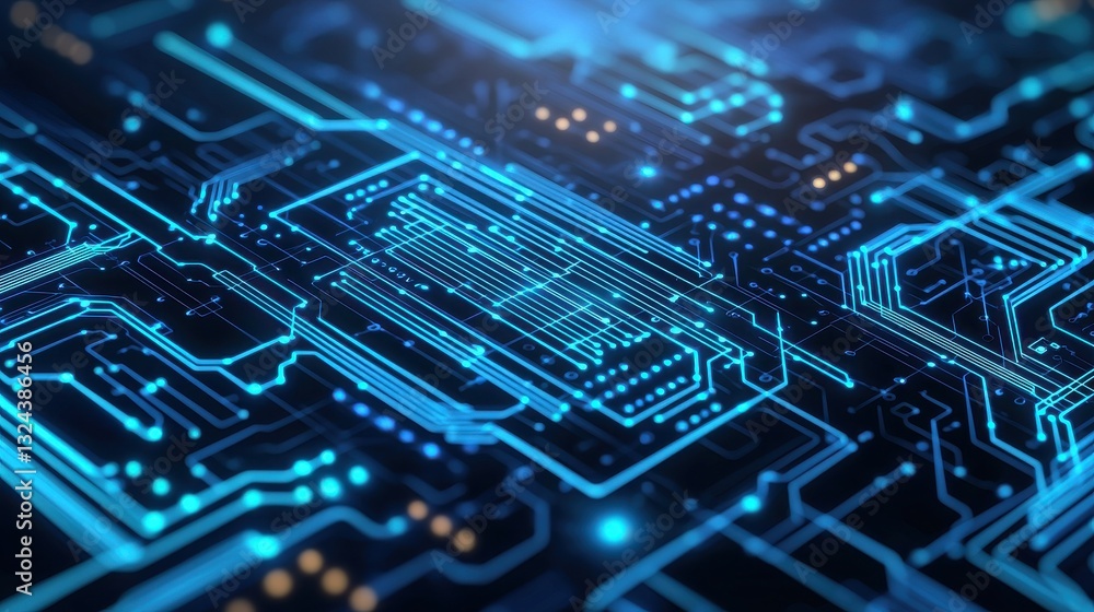 Poster a close-up view of a futuristic circuit board with glowing blue lines and intricate patterns, repres