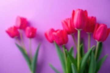 Fototapeta premium Bright red tulips with green leaves against a soft purple background, flowers, floral, spring
