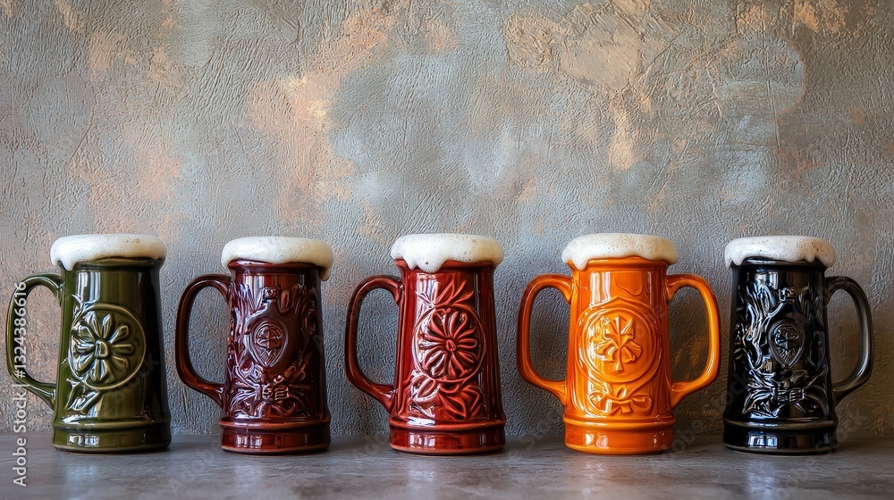 Poster a row of distinctively crafted beer mugs displayed together on a wooden table in a rustic bar settin