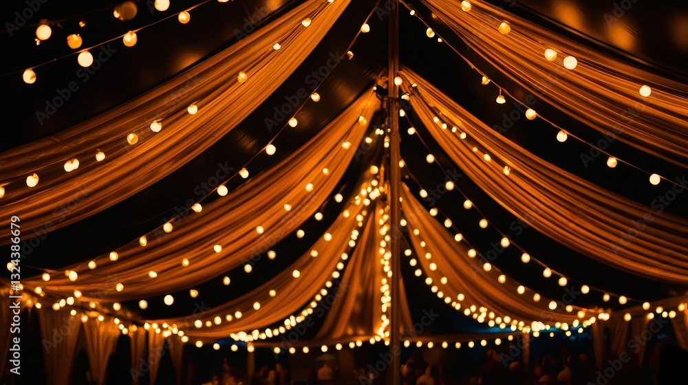 Poster a brightly lit tent set up for an outdoor event with string lights casting a warm glow at dusk