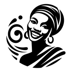 Elegant black logo design with a pretty adult African woman with turban on her head and smile on her face. Isolated on transparent background graphic icon. 