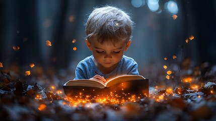 Boy Focused on Reading an Enchanting Glowing Book in a Forest Setting at Twilight Hour with Warm Hues