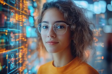 Young woman with curly hair wearing glasses stands in front of a digital display showcasing data