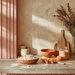 A warm, sunlit kitchen scene featuring baking ingredients and rustic terracotta tableware. Soft natural light casts shadows on the textured beige wall, creating a cozy, minimalist atmosphere.