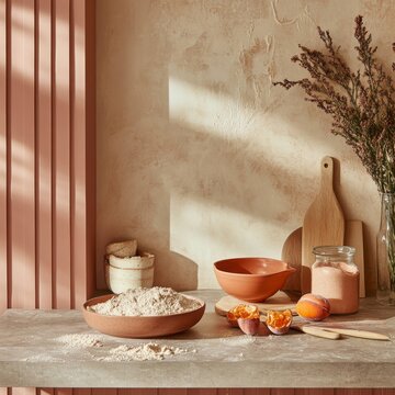 A warm, sunlit kitchen scene featuring baking ingredients and rustic terracotta tableware. Soft natural light casts shadows on the textured beige wall, creating a cozy, minimalist atmosphere.