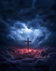 Dark clouds part to reveal a cross in a dramatic sky