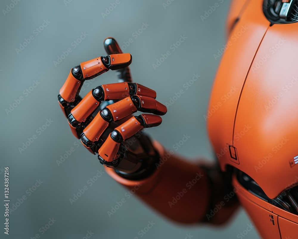 Poster a robotic hand in orange, showcasing intricate details and advanced concept, emphasizing technology 