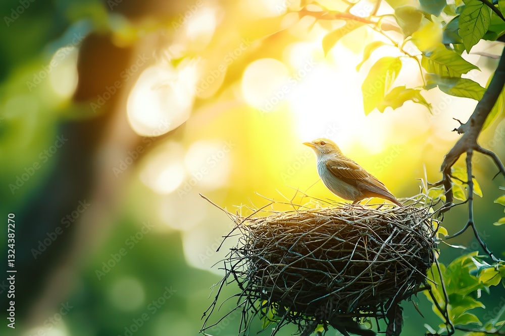Poster a bird is sitting on a nest in a tree.