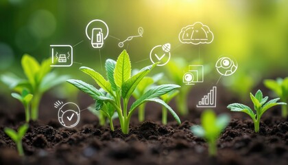 Green plant sprouts overlaid with digital smart farming icons. Concepts of agriculture, tech, sustainability, innovation in farming, plant growth. Environmentally friendly nature farm, green future.