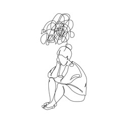 Abstract depressed young woman silhouette suffering from anxiety. Psychotherapy, Psychology concept for mental health problem, psychological diseases. Continuous line art vector graphic illustration