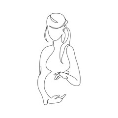 Pregnant woman silhouette isolated on white background. Pregnancy concept in one line art style. Abstract pregnant woman, maternal care, baby, mother, gynecology, health concept. Vector illustration