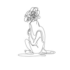 Unhappy woman feeling lonely, sad, Abstract depressed young girl silhouette suffering from anxiety. Mental health problem concept. Minimal one line drawing art. Continuous line vector illustration