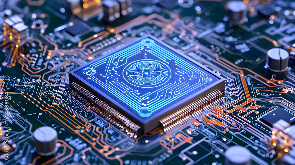 Poster close up of a modern cpu microchip on a circuit board with glowing blue lights and intricate details