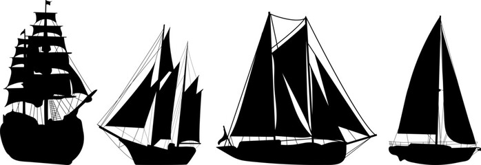 set of ships with sails silhouette, vector on white background