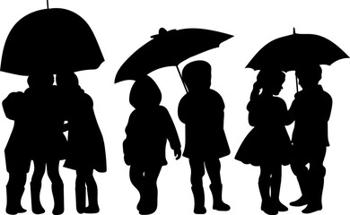 set of children under umbrellas silhouette, vector on white background © zolotons