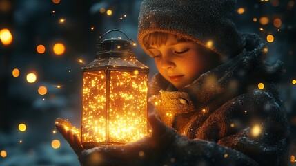Enchanting Glow A Child Holds a Lantern Filled with Twinkling Lights on a Winter's Night Scene