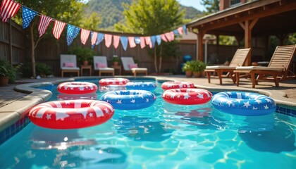 Outdoor backyard pool party with inflatable patriotic pool rings, festive decorations. Red, white, blue colors create holiday mood. American flags bunting, lounge chairs, summer celebration,