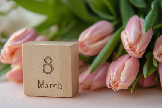 A wooden calendar block with "8 March" and a bouquet of pink tulips on a light pink background for a harmonious and festive International Women's Day celebration