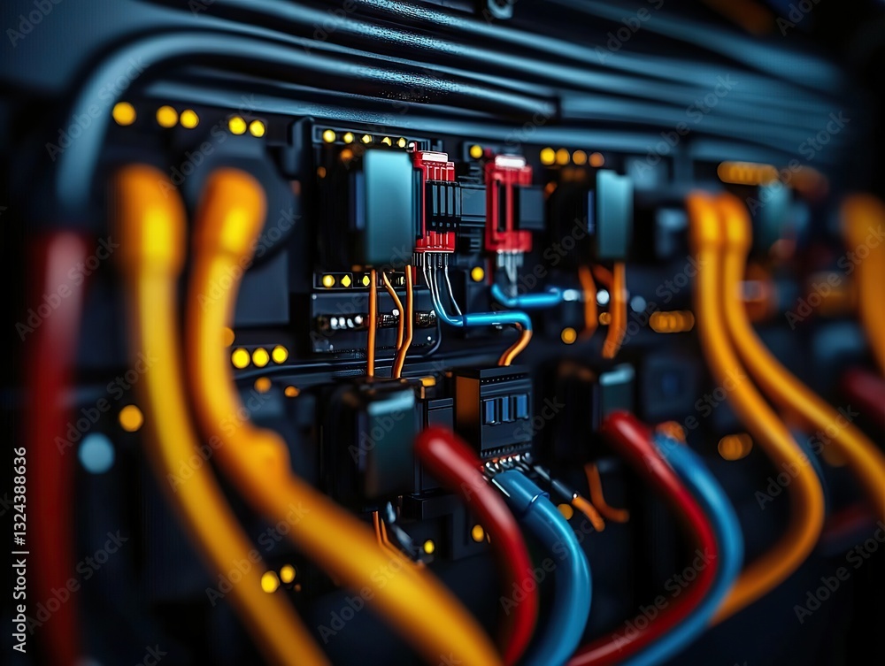 Poster electrical connectivity and data flow server room technology visualization dark environment close-up