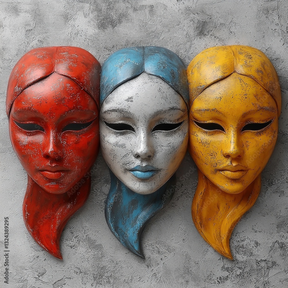Poster a set of three intricately designed masks displaying unique patterns and colors for cultural festivi