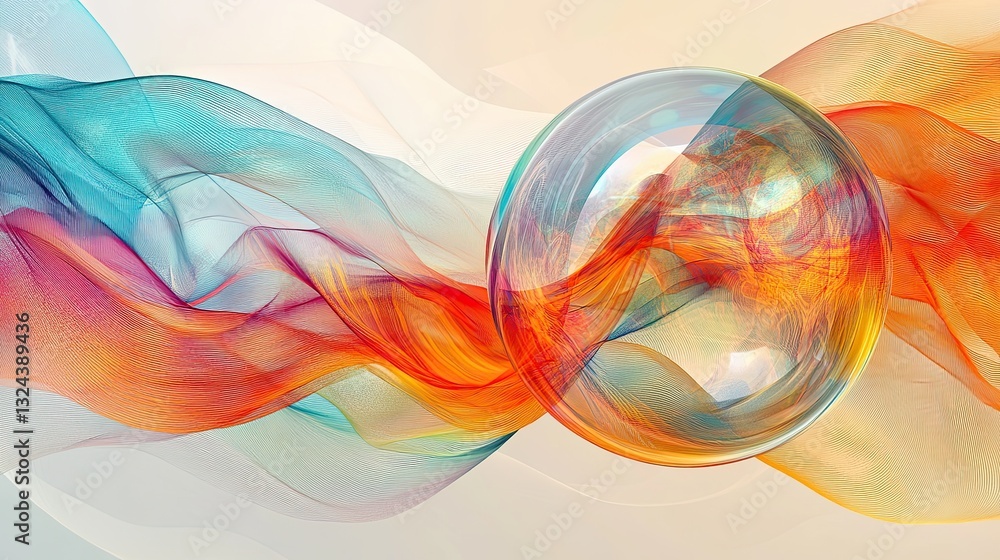 Poster futuristic abstract shape illustrated in 3d, featuring a glass celestial sphere with subtle lines an