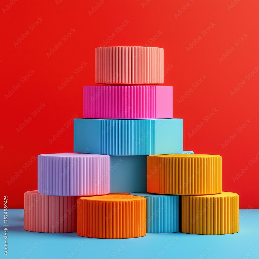 Poster vibrant stack of containers in assorted colors displayed on a wooden surface in bright light