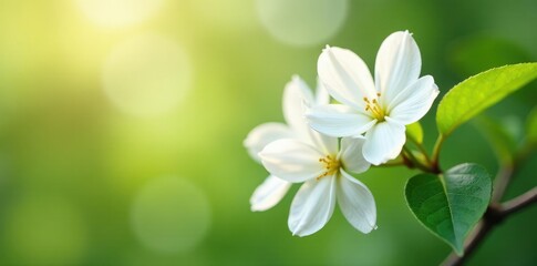 Delicate white jasmine flowers unfolding in sunlight, spring, white, flowers
