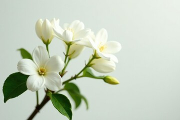 Obraz premium Delicate white jasmine flowers with slender stems and green leaves isolated on a crisp white background, flower power, jasmine