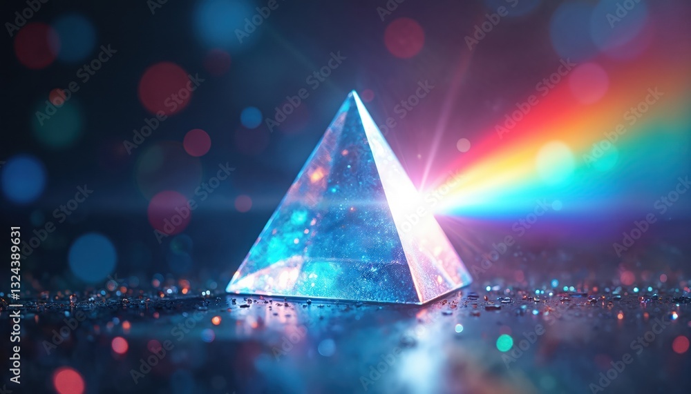 Aufkleber prism refracts light into rainbow spectrum against bokeh background. blue glow crystal, light beam c