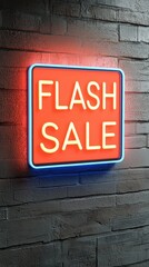 Bright neon flash sale sign illuminates a brick wall inviting customers to take advantage of limited-time offers