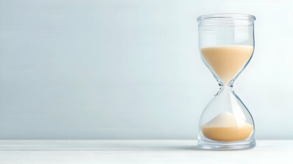 Transparent Hourglass With Flowing Sand on White Wooden Table Against Light Blue Background