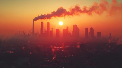 Fototapeta premium Cooling towers emit smoke and smog, covering an industrial landscape during hazy sunset, highlighting environmental pollution and climate concerns.