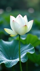 Obraz premium Delicate white lotus flower with intricate leaf on snowy background, nature, elegant
