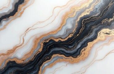 White marble with black, golden veins surface. Abstract background. Decorative acrylic fluid paint pouring rock texture. Natural copper gold pattern, interior concept for floor wallpaper tiles.