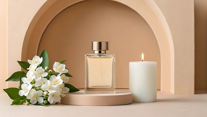Glass perfume bottle with white flowers and burning candle in a soft neutral setting, perfect for beauty product mockups, luxury branding, wellness themes, minimalist decor, and spa advertisements