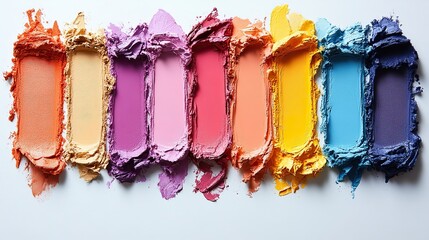 Cosmetic product smears, swatches, and textures form a rainbow gradient on white, creating an abstract, artistic composition.