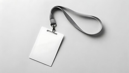 Id badge with blank white card and lanyard on neutral grey background, perfect for office staff identification, corporate branding, event name tags, security access cards, professional credentials