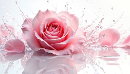Closeup of pink rose with water splash effect. Elegant flower petals arrangement reflects in water. Floral bloom for Valentine day love, romance themes or cosmetic scent, aroma ads.