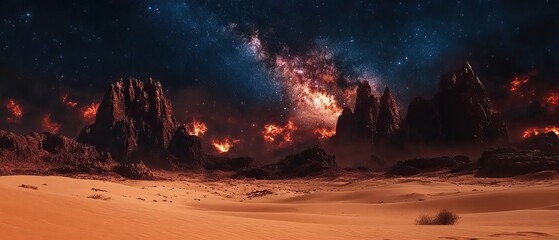 A stunning cosmic landscape featuring desert terrain, fiery skies, and dramatic rock formations, evoking a sense of alien beauty and vastness.
