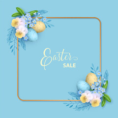 Easter sale banner. Golden square frame is decorated with spring flowers, eggs and decorations
