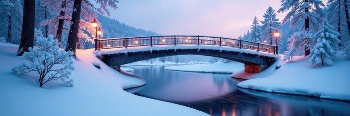 Obraz premium Softly lit bridge crossing over a snowy frozen landscape, peaceful, light, frosty