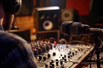 Naklejka premium Close-up of a Microphone in a Recording Studio, Capturing the Essence of Music Production