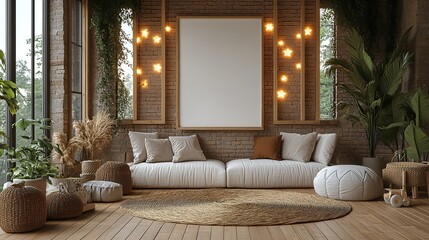 Fototapeta premium Cozy children's room featuring a blank canvas mockup on a star-lit wall, surrounded by toys and decor on a wooden floor.